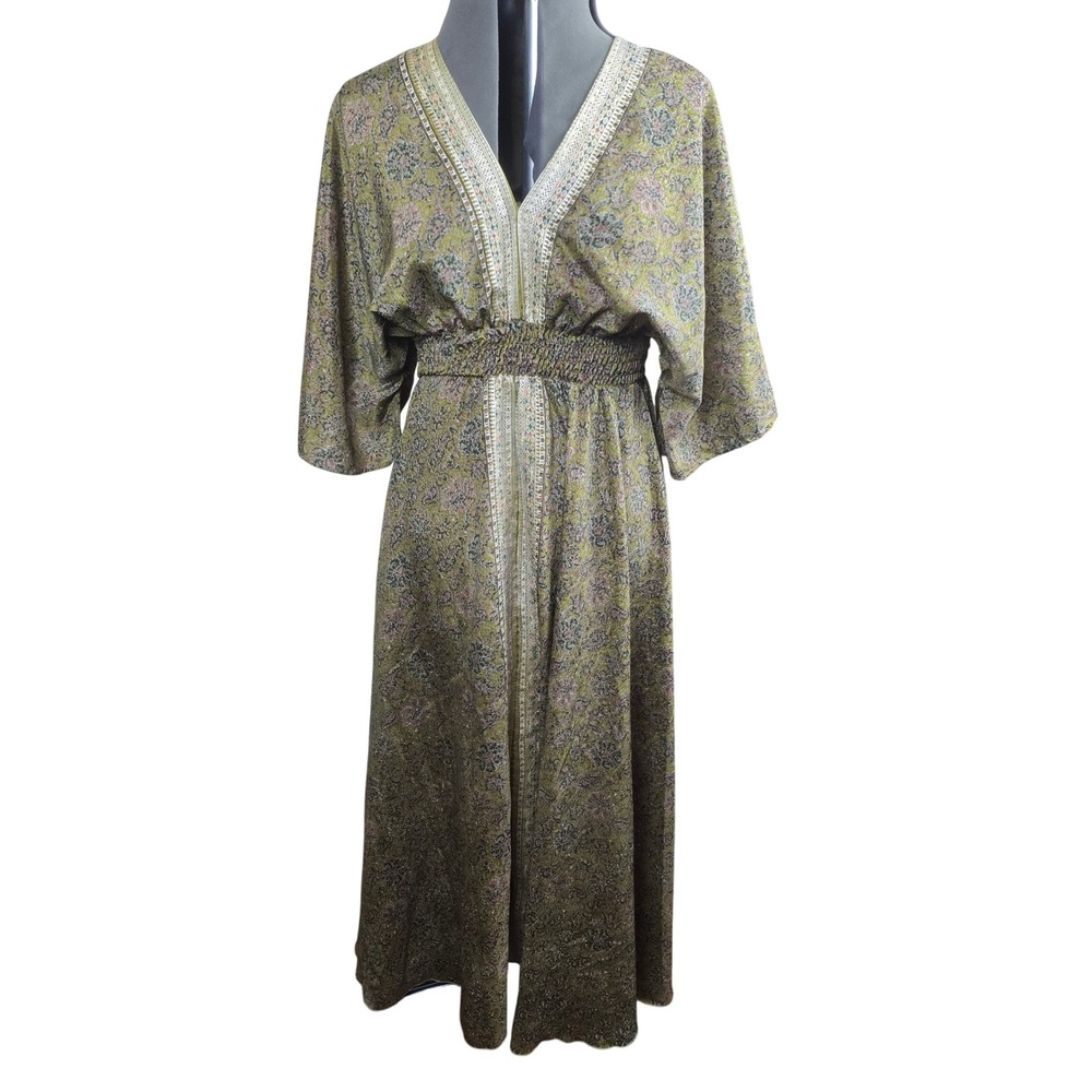 Silk Blend Paisley Kaftan Dress Olive Green Metallic Gold Kimono Sleeve Maxi